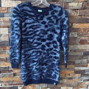 Boboli Stylish Girls Fuzzy Sweater Dress Blue Animal Print